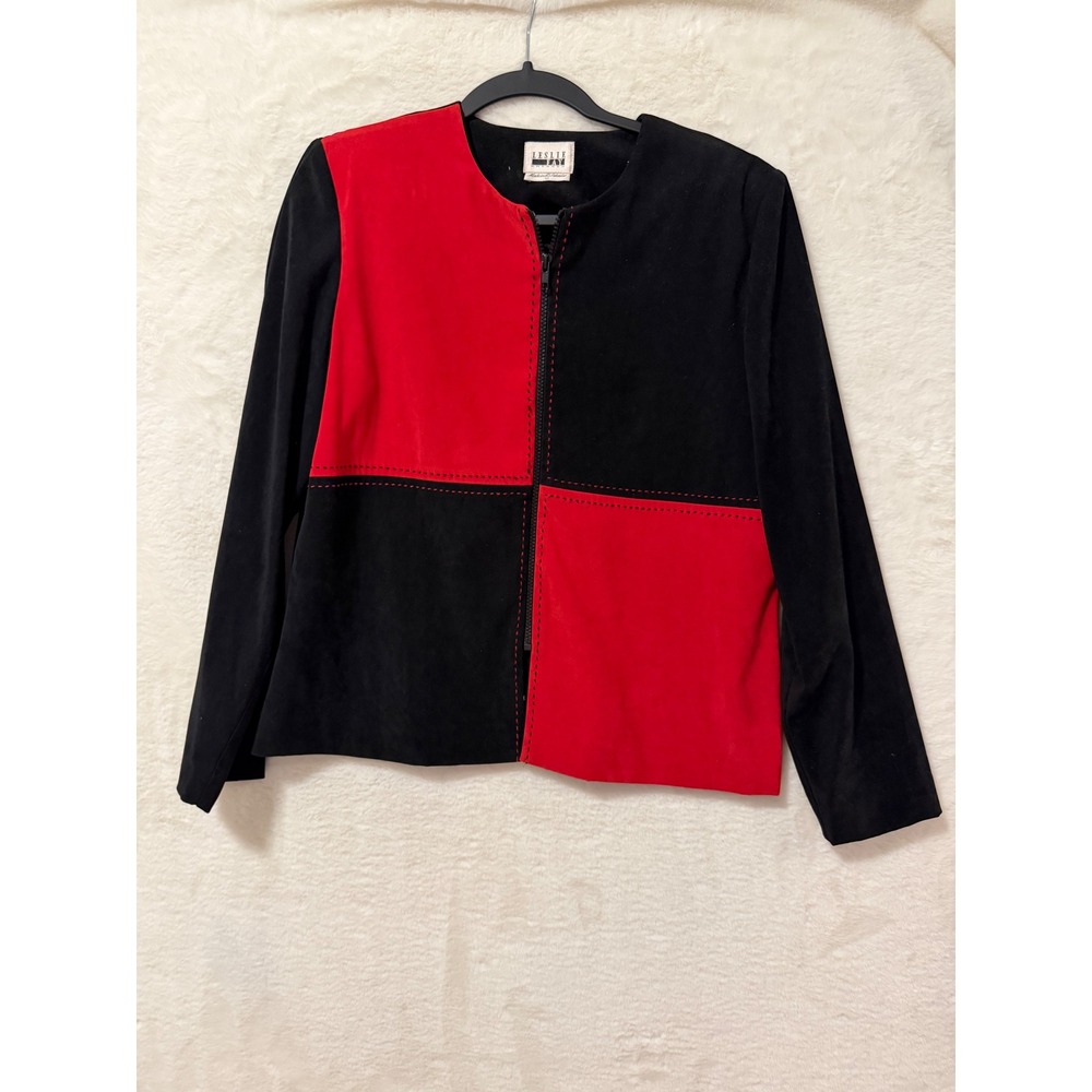 Leslie Fay Colorblock Jacket Womens 12 Red Black Faux Suede Zip Front Blazer